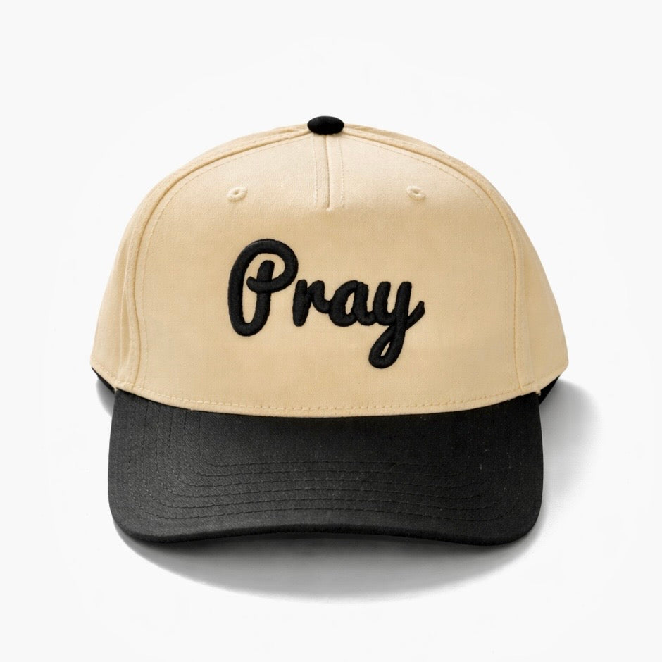 Pray - 5 Panel Mid Profile Baseball Cap - Tan/Black