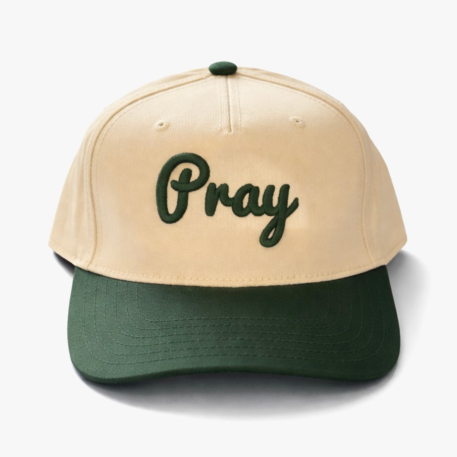 Pray - 5 Panel Mid Profile Baseball Cap - Tan/Dark Green